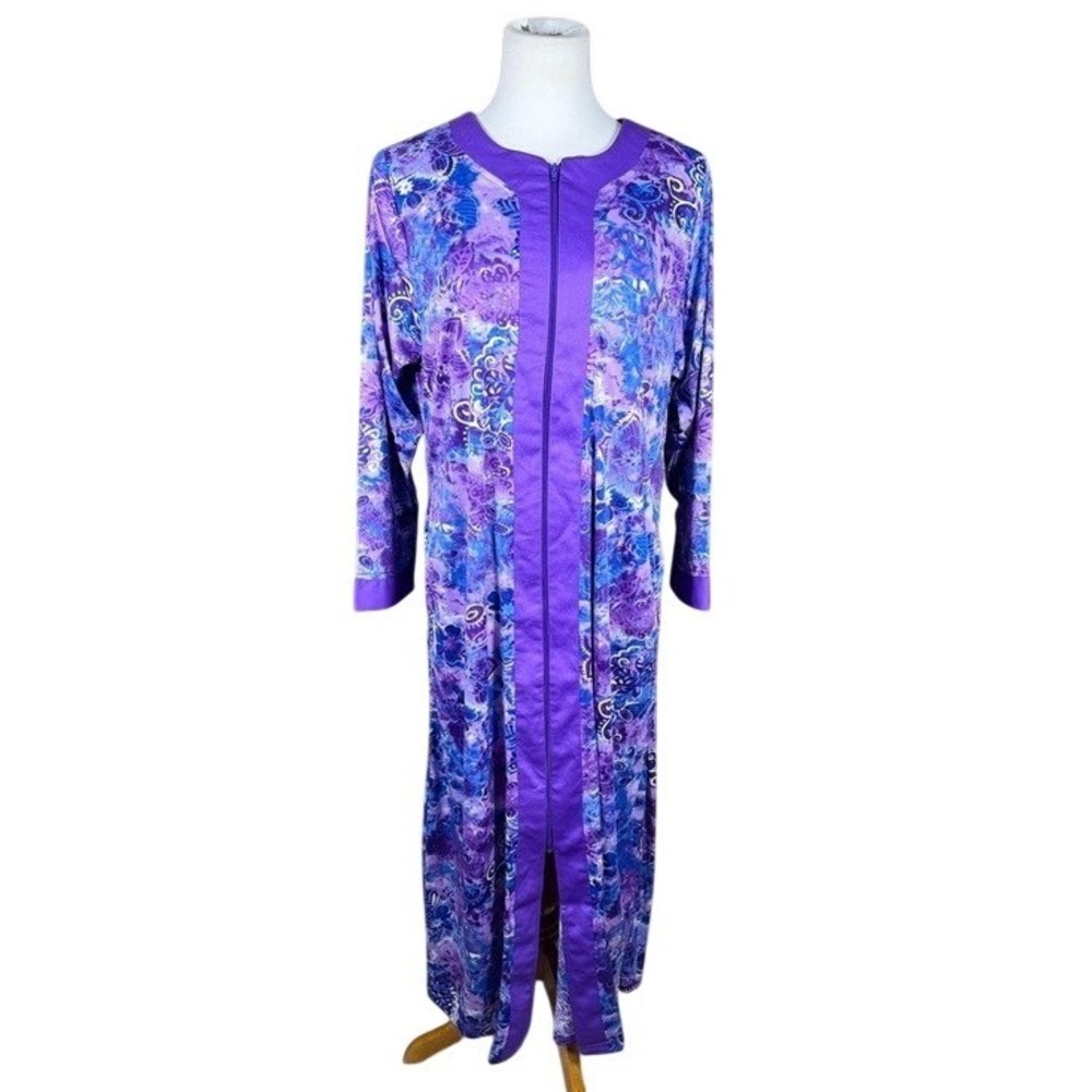 Collections Etc Women Purple Floral Paisley Zip Front Maxi Robe Housecoat Size M